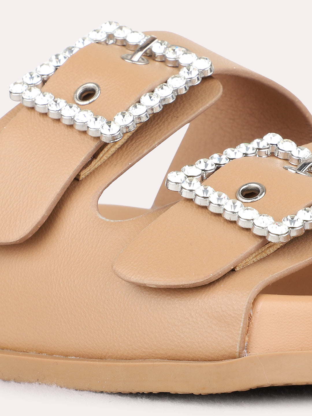 Womens Beige Casual Solid Open Toe Flat Slip-Ons