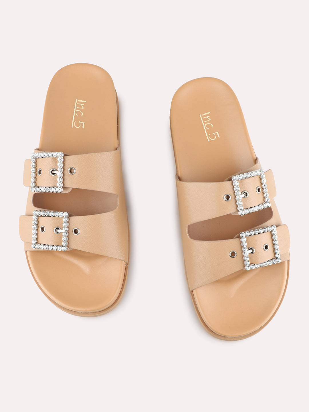 Womens Beige Casual Solid Open Toe Flat Slip-Ons
