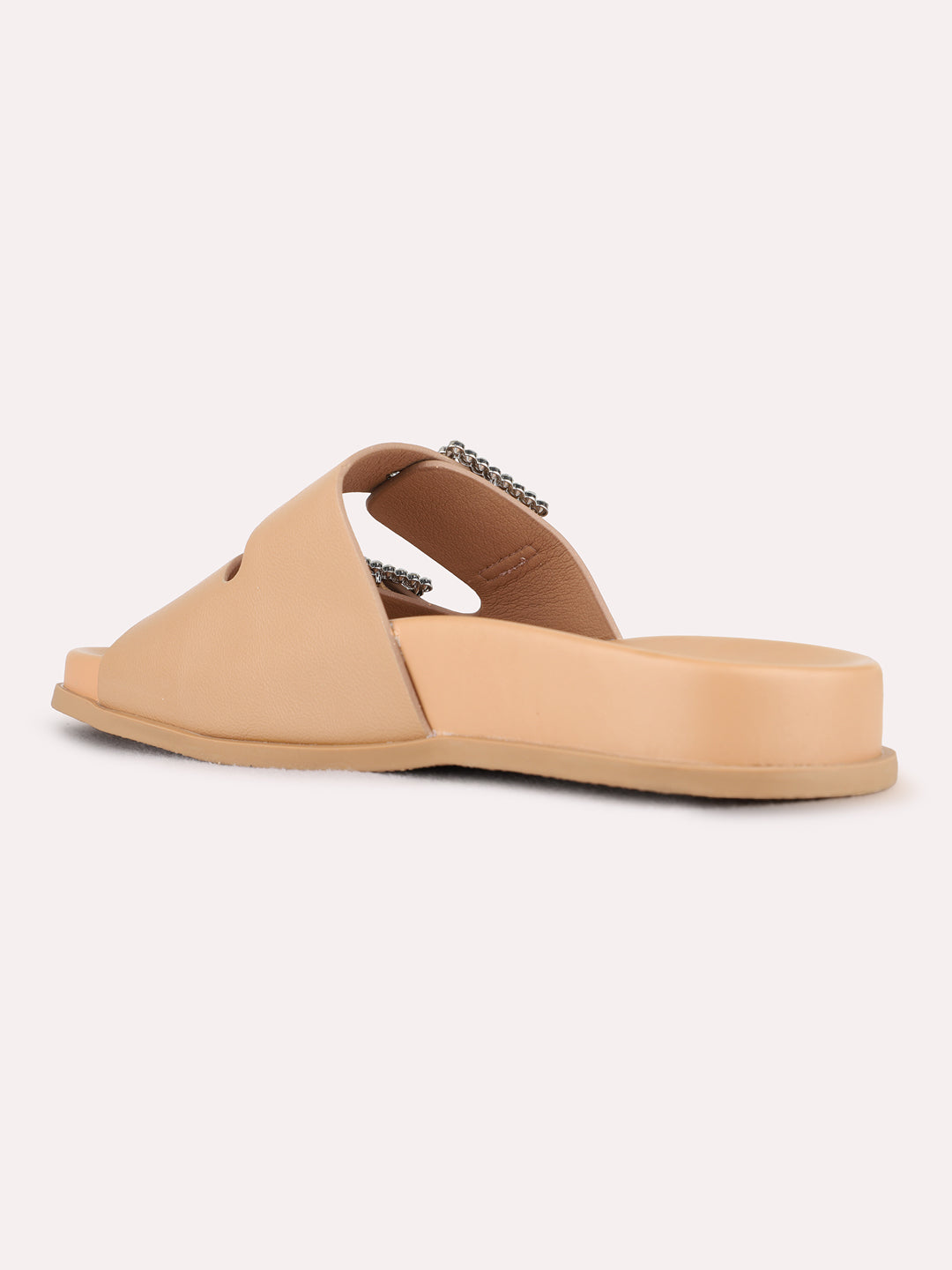 Womens Beige Casual Solid Open Toe Flat Slip-Ons