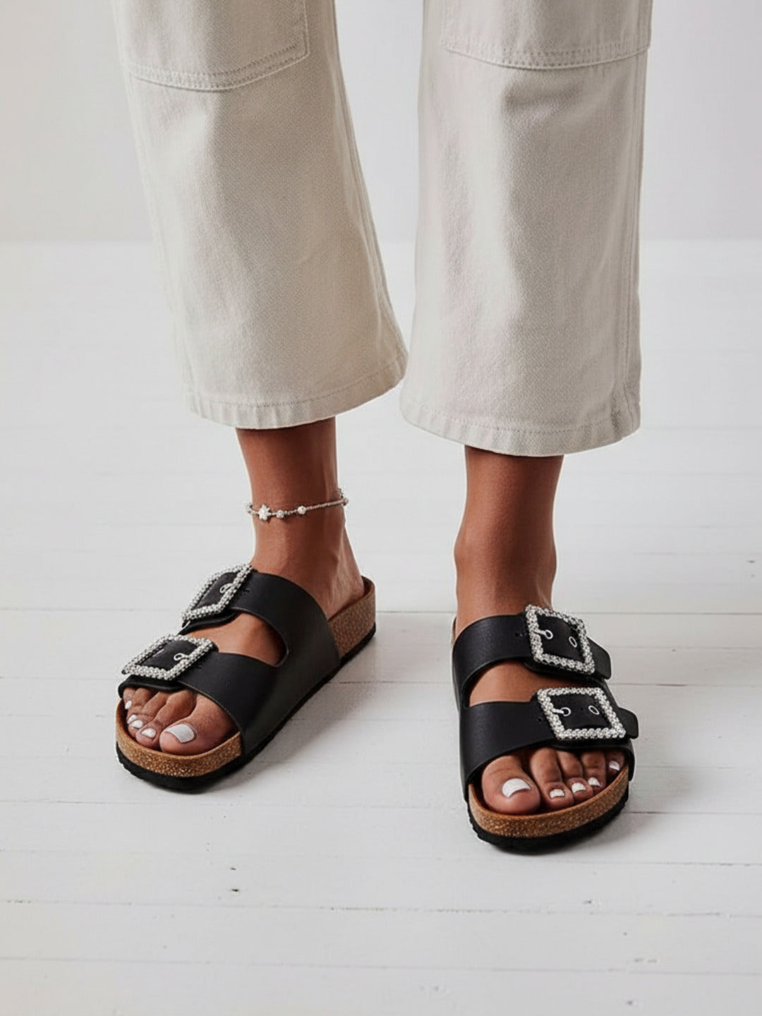 Womens Black Casual Solid Open Toe Flat Slip-Ons