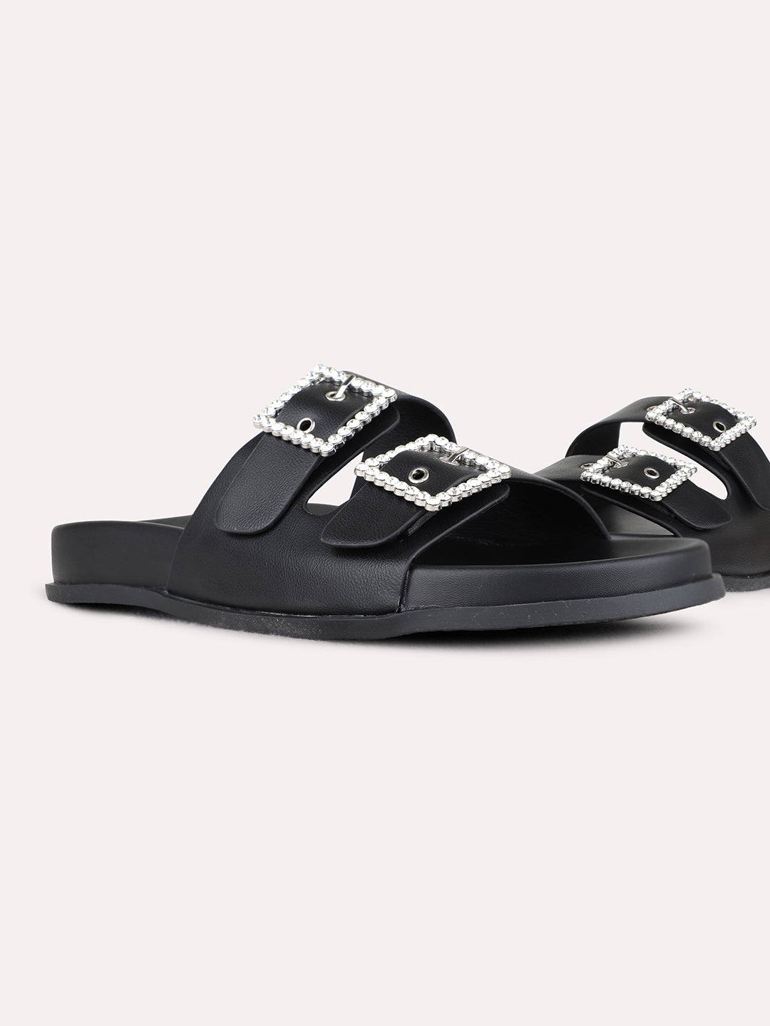 Womens Black Casual Solid Open Toe Flat Slip-Ons