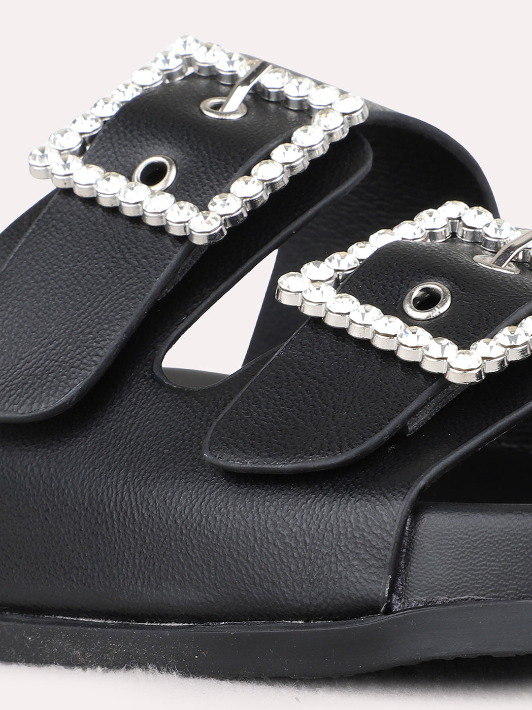 Womens Black Casual Solid Open Toe Flat Slip-Ons
