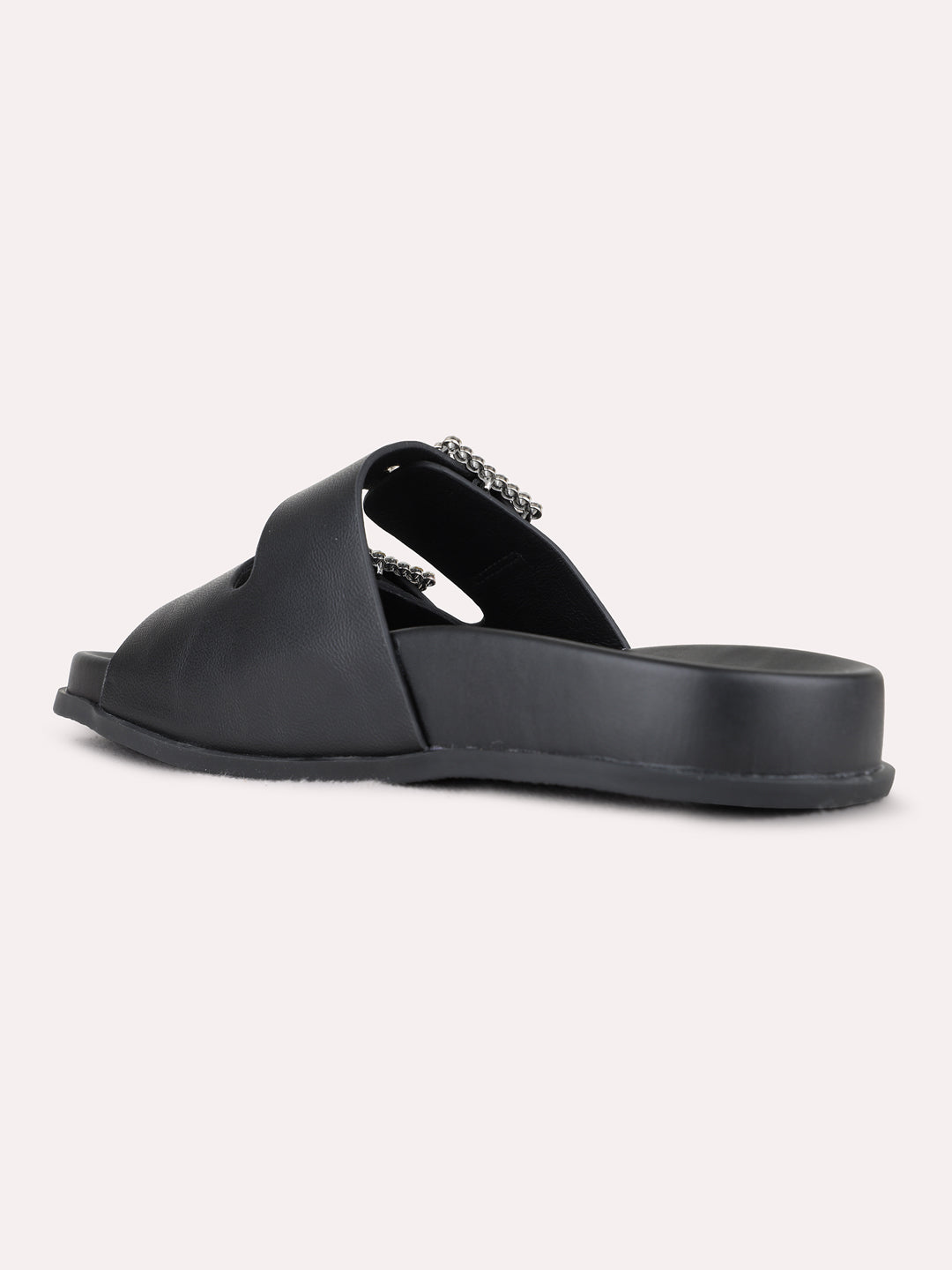 Womens Black Casual Solid Open Toe Flat Slip-Ons