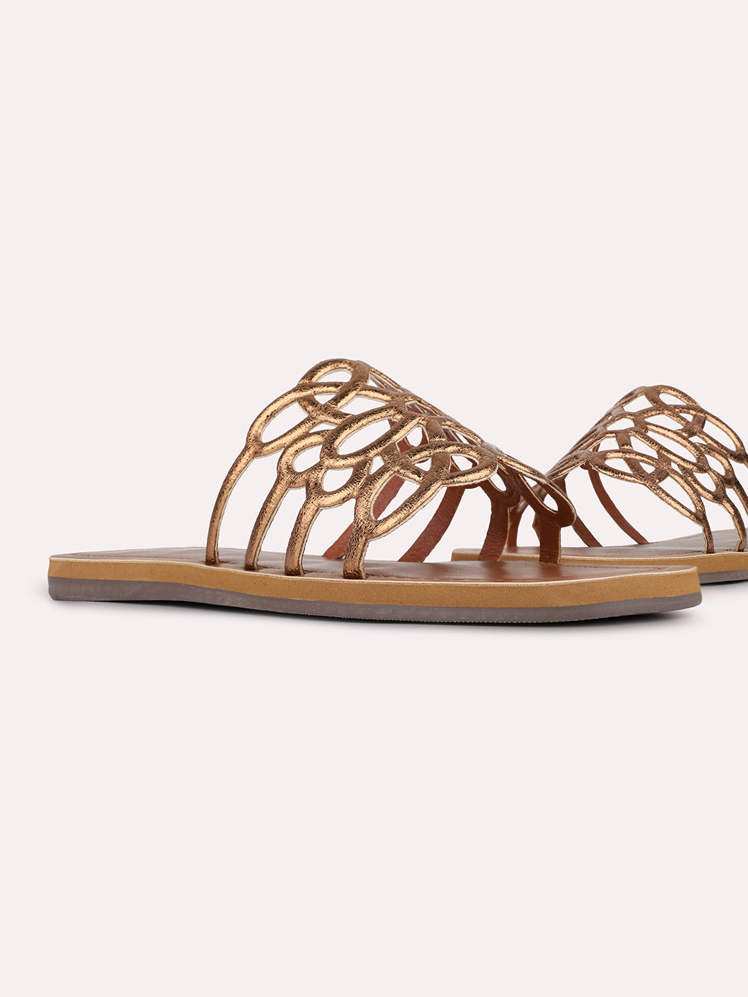 Womens Golden Casual Pattern Striped Open Toe Slip-On Flats