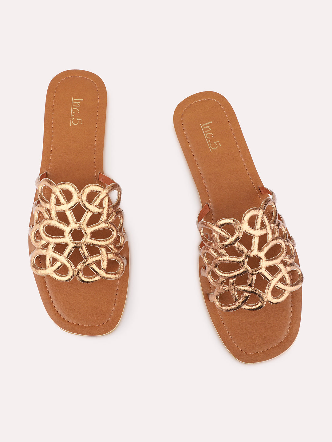 Womens Golden Casual Pattern Striped Open Toe Slip-On Flats