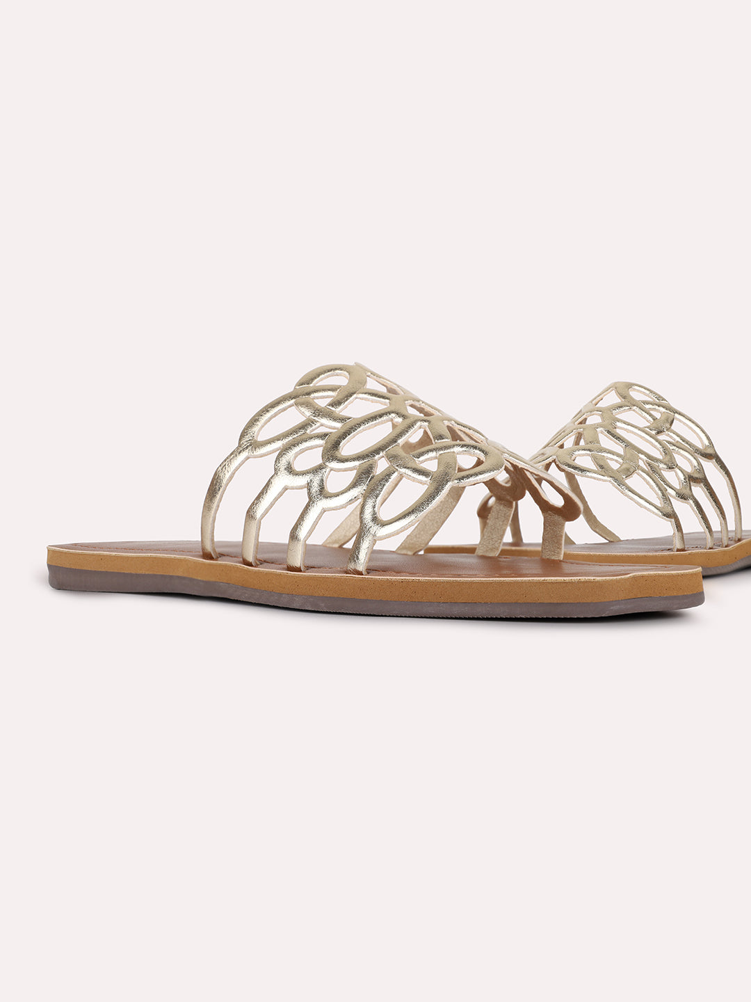 Womens Golden Casual Embellished Open Toe Slip-On Flats
