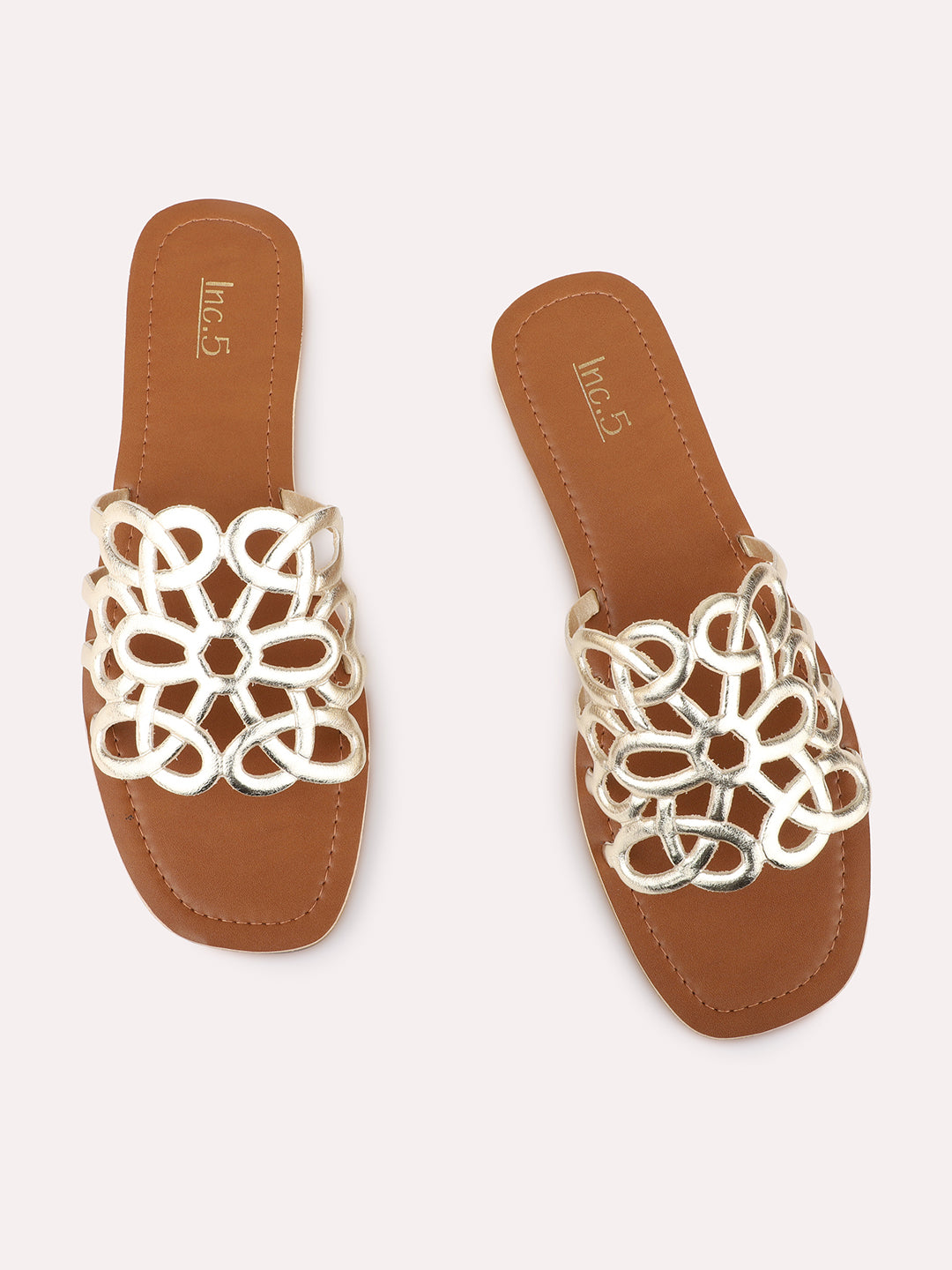 Womens Golden Casual Embellished Open Toe Slip-On Flats