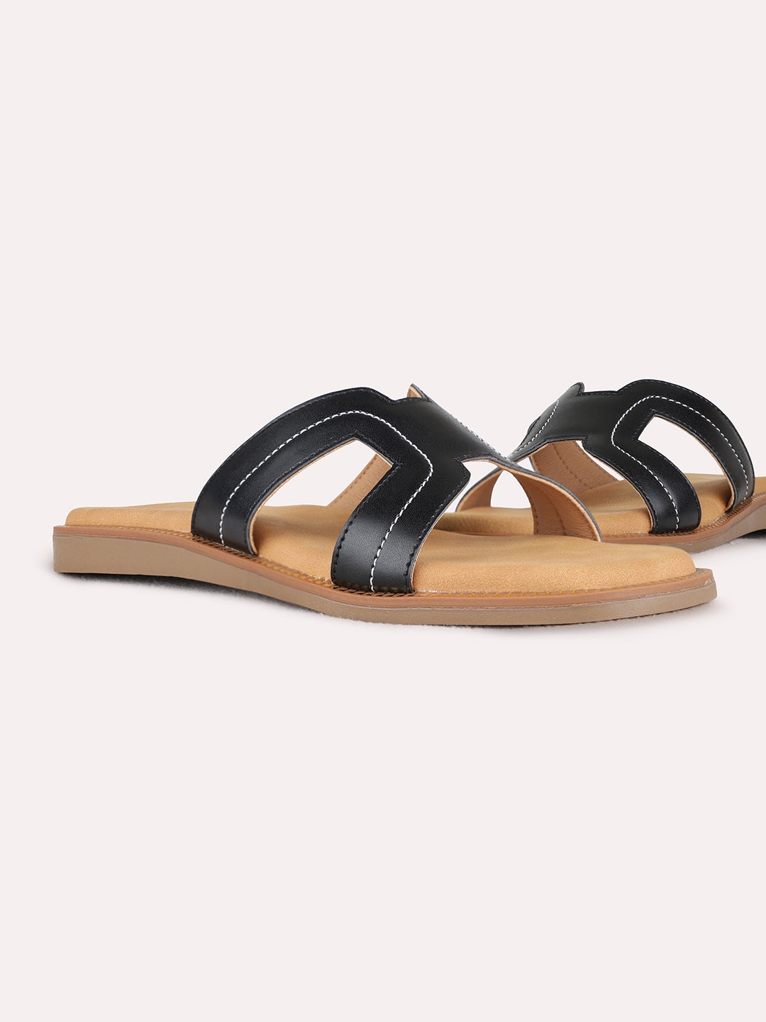 Womens Black Casual Solid Open Toe Flat Slip-Ons
