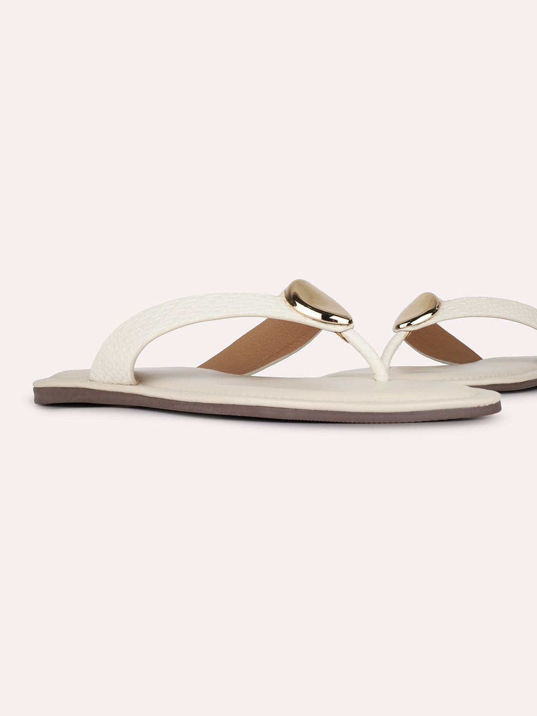 Womens Cream Casual Pattern Solid T-Strap Slip-On Flats