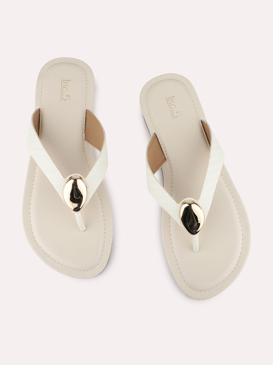 Womens Cream Casual Pattern Solid T-Strap Slip-On Flats