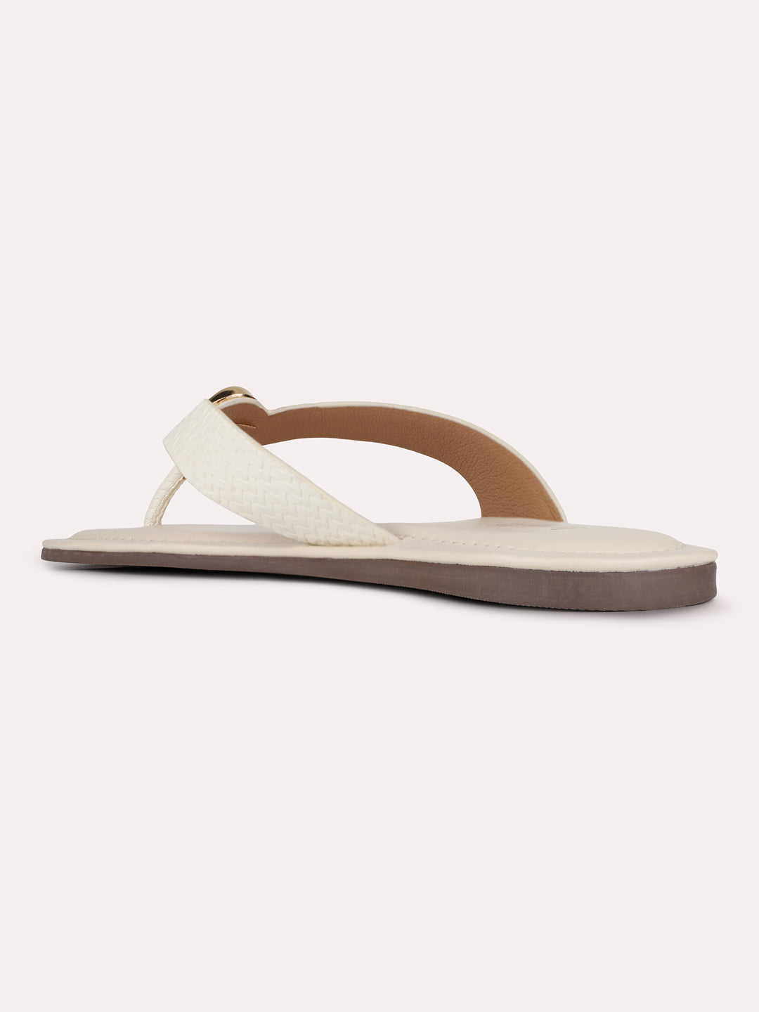 Womens Cream Casual Pattern Solid T-Strap Slip-On Flats