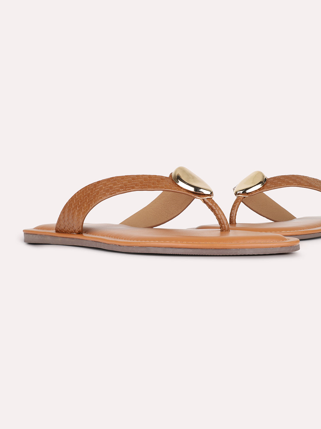 Womens Tan Casual Solid Pattern T-Strap Flat Slip-Ons