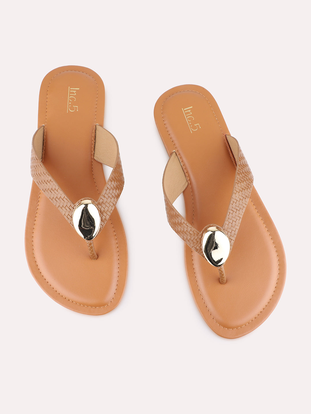Womens Tan Casual Solid Pattern T-Strap Flat Slip-Ons