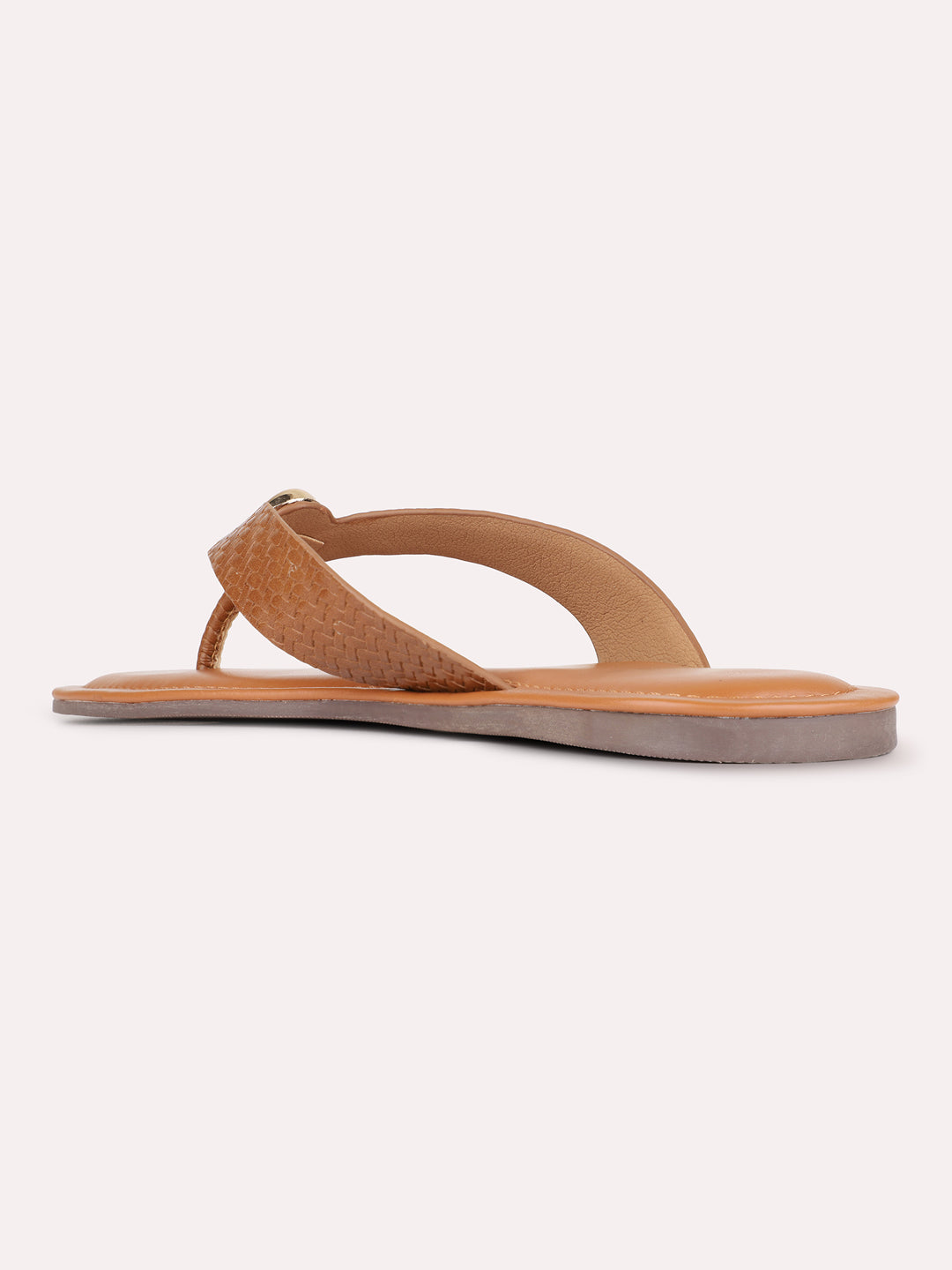Womens Tan Casual Solid Pattern T-Strap Flat Slip-Ons