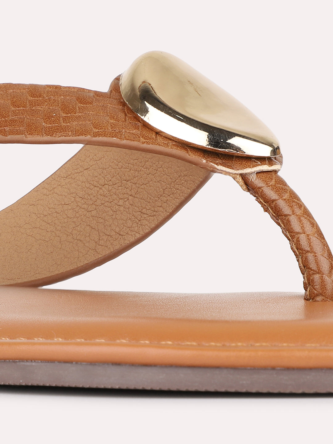 Womens Tan Casual Solid Pattern T-Strap Flat Slip-Ons