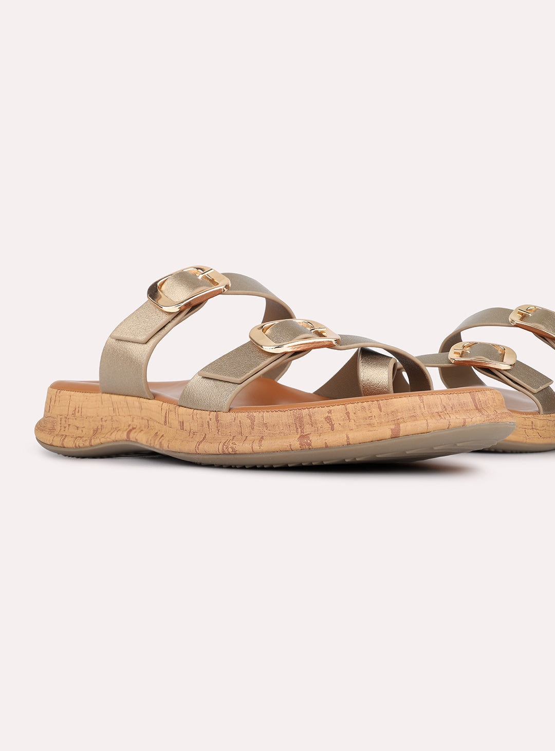 Womens Golden Casual Solid Open Toe Slip-On Flats