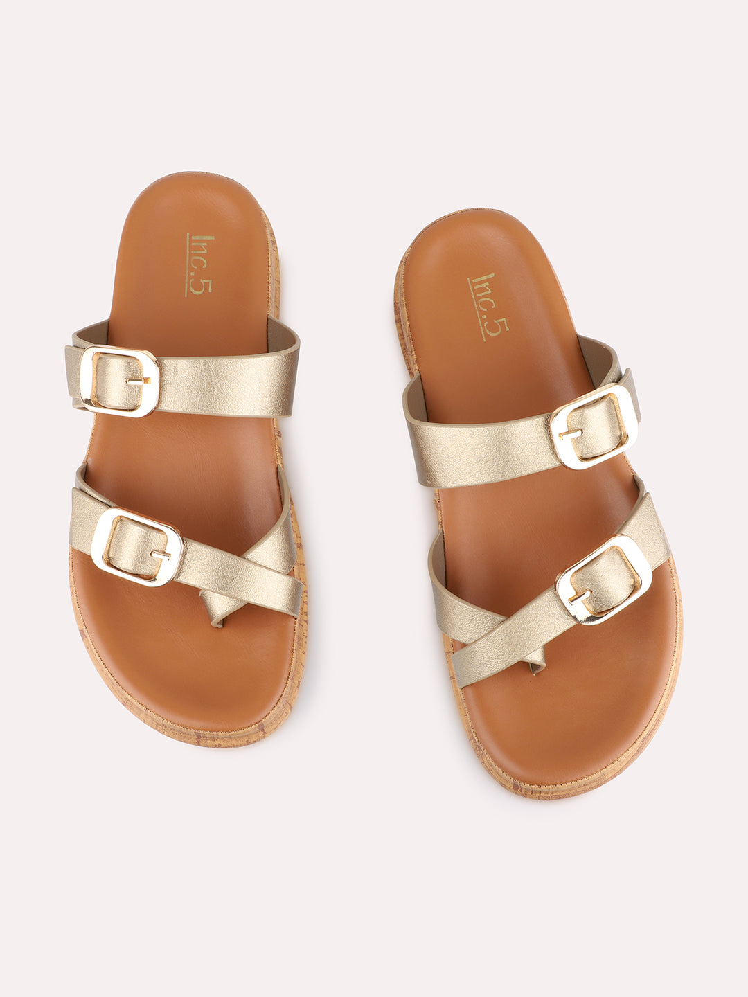 Womens Golden Casual Solid Open Toe Slip-On Flats