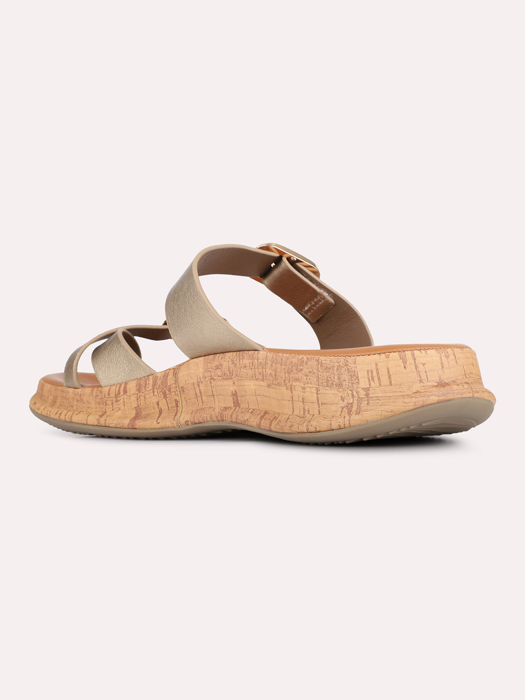 Womens Golden Casual Solid Open Toe Slip-On Flats