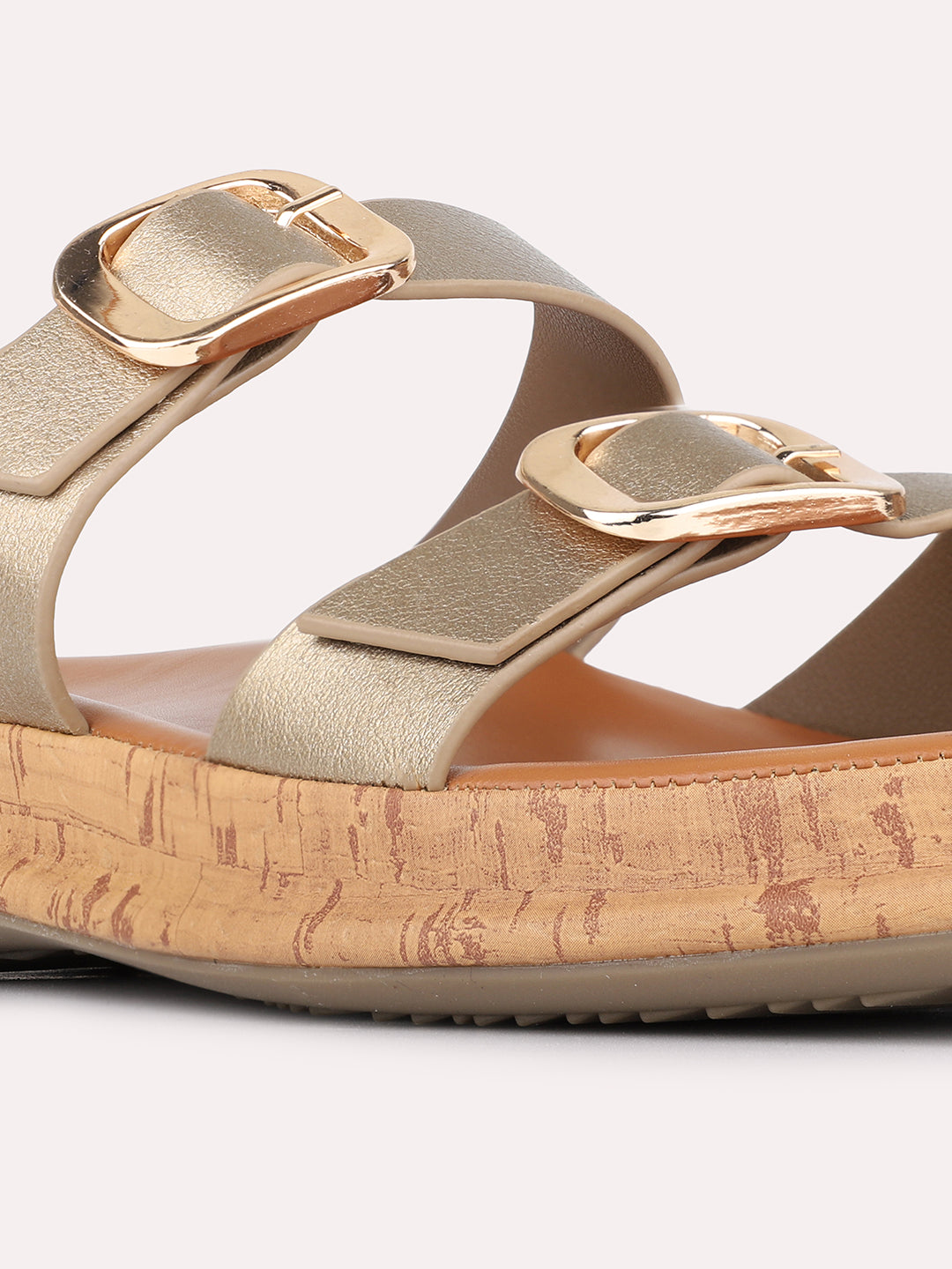 Womens Golden Casual Solid Open Toe Slip-On Flats