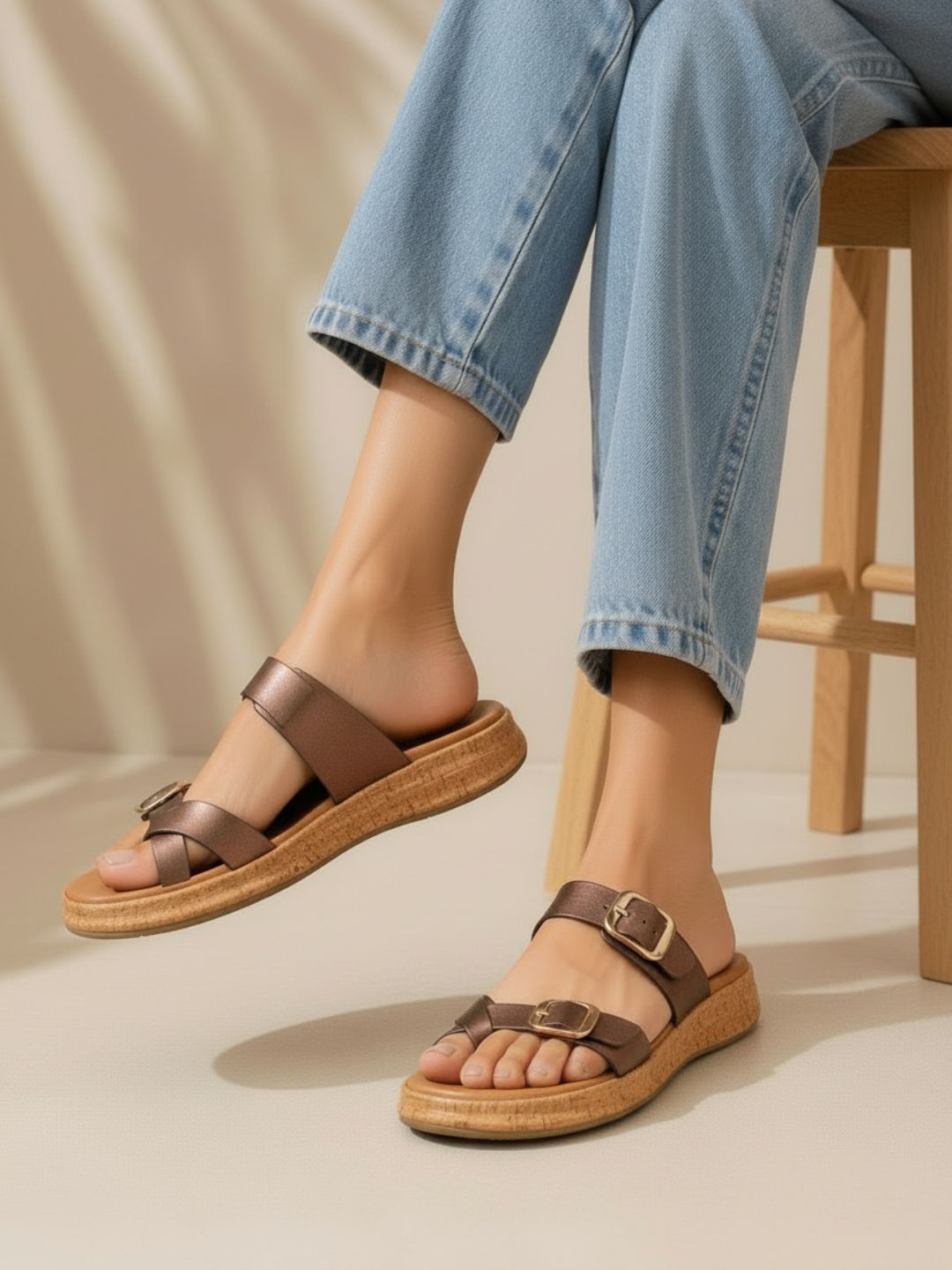 Womens Bronze Casual Solid Pattern Open Toe Slip-On Flats