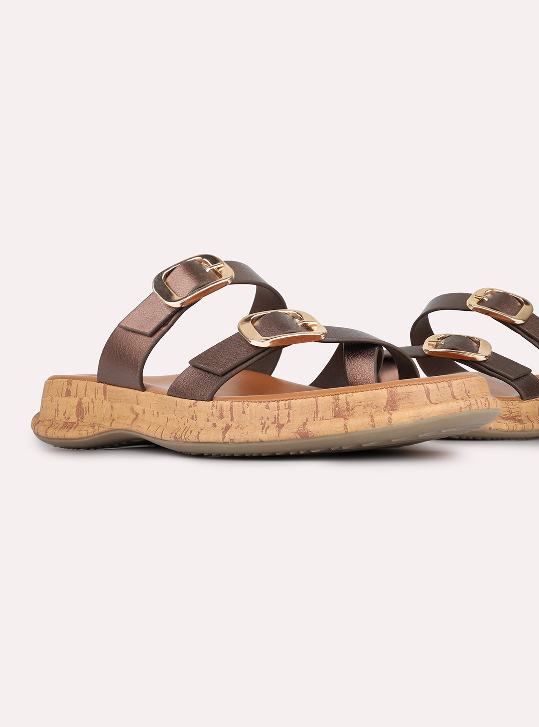 Womens Bronze Casual Solid Pattern Open Toe Slip-On Flats