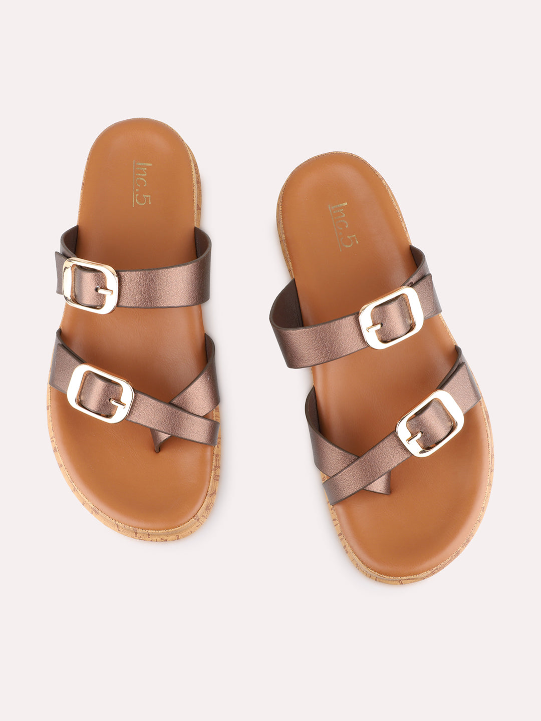 Womens Bronze Casual Solid Pattern Open Toe Slip-On Flats