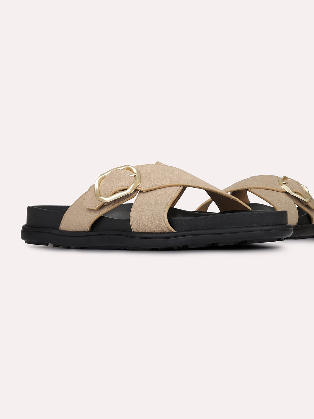 Womens Tan Solid Casual Pattern Open Toe Flat Slip-Ons