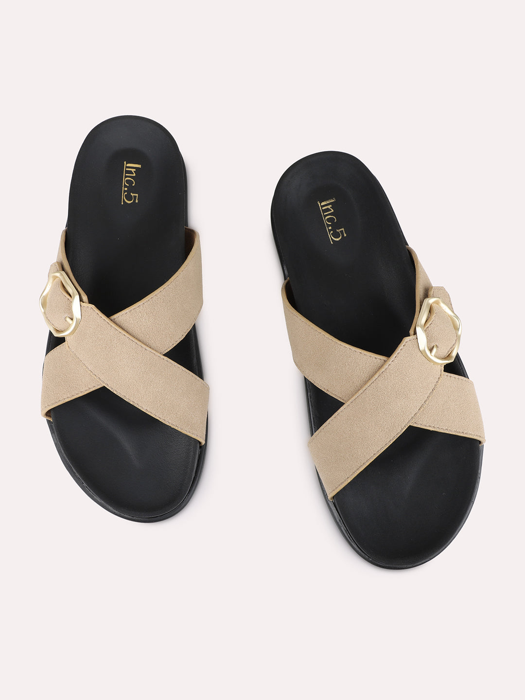 Womens Tan Solid Casual Pattern Open Toe Flat Slip-Ons