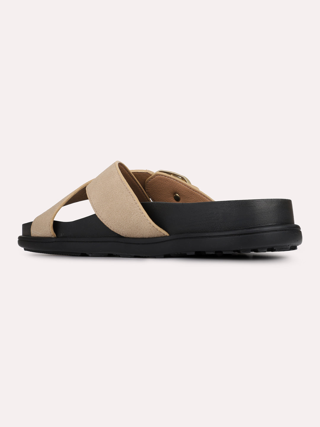 Womens Tan Solid Casual Pattern Open Toe Flat Slip-Ons