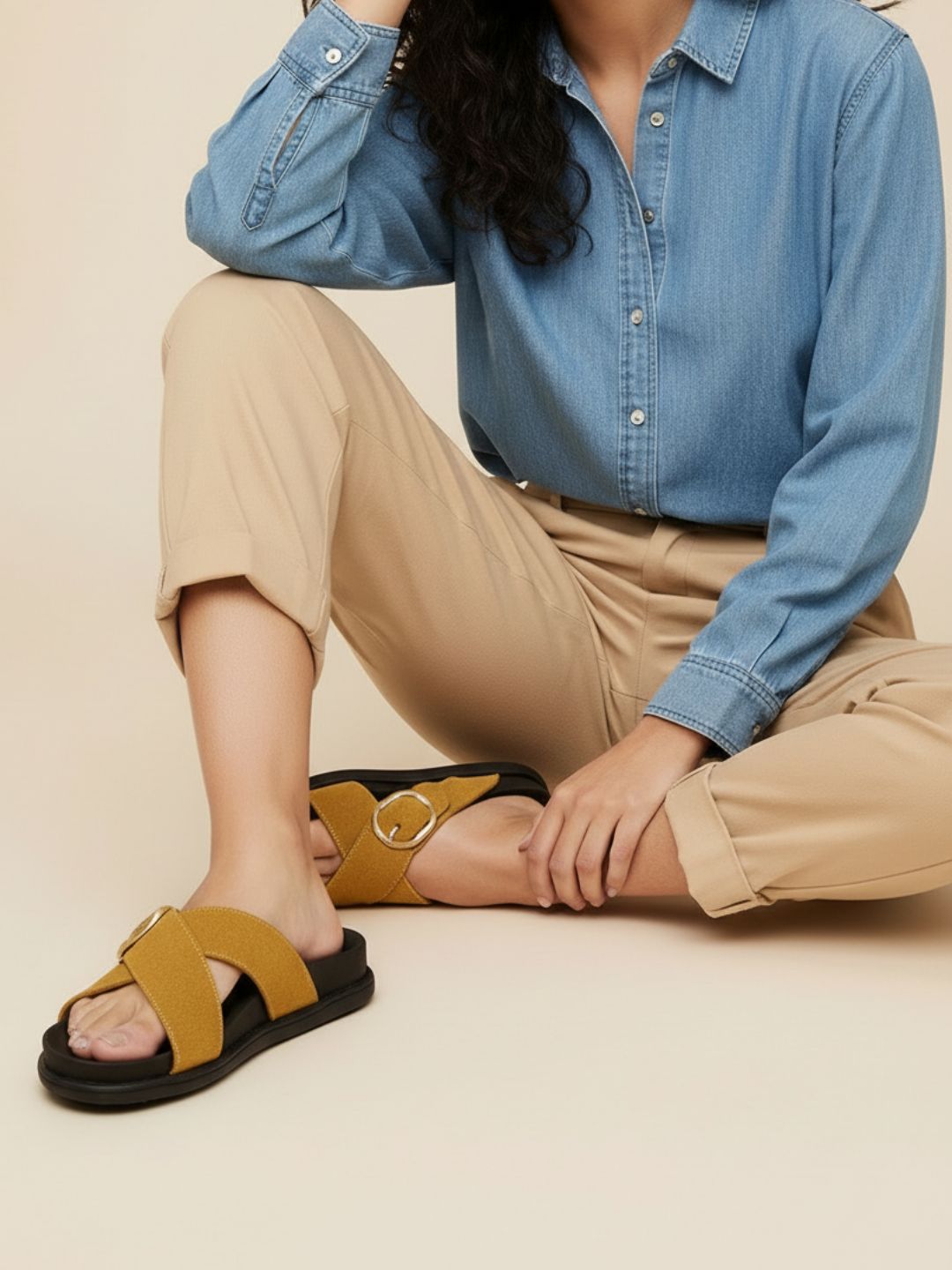 Womens Mustard Casual Solid Open Toe Slip-On Flats