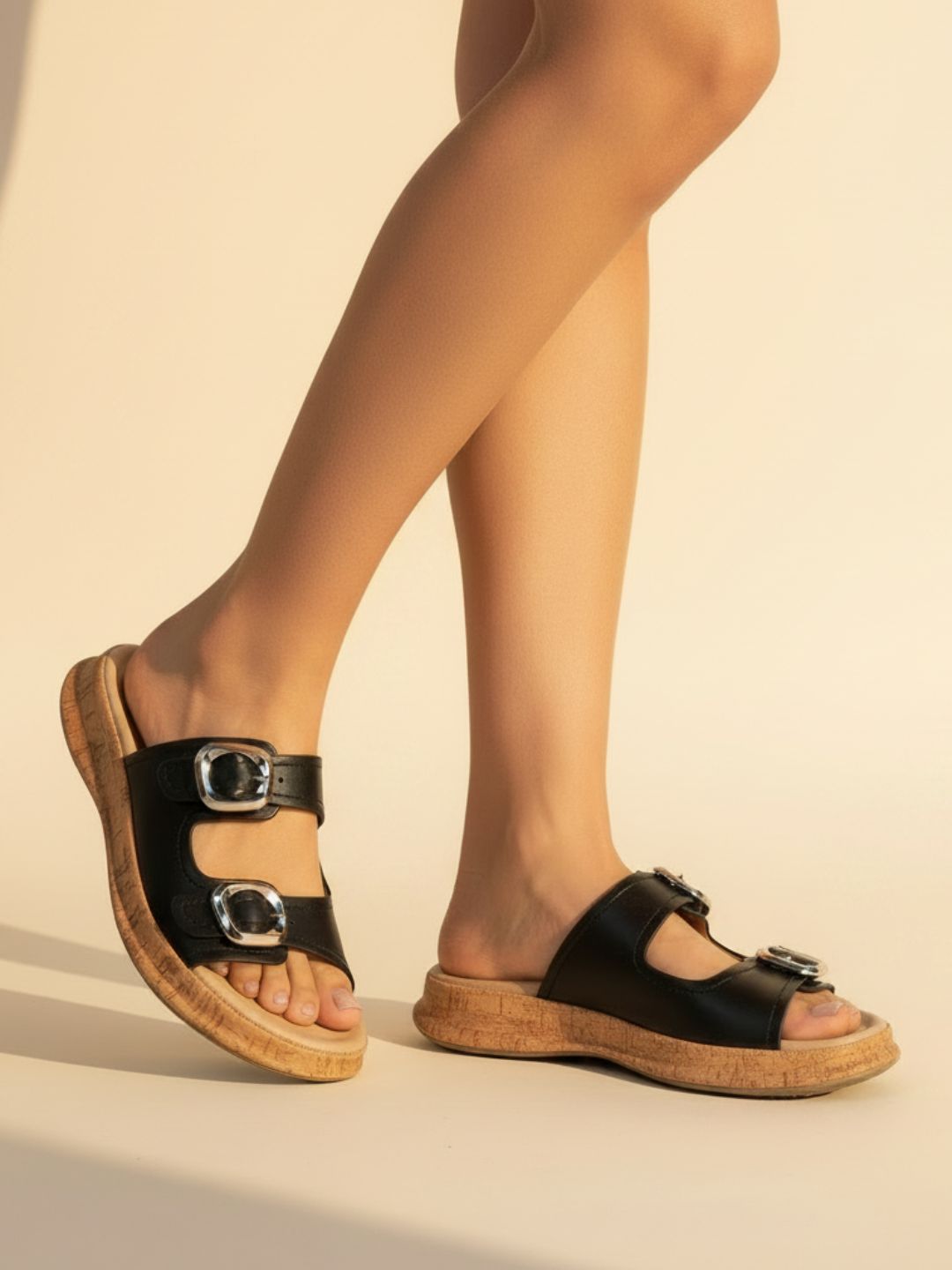 Womens Black Casual Solid Pattern Open Toe Flat Slip-Ons