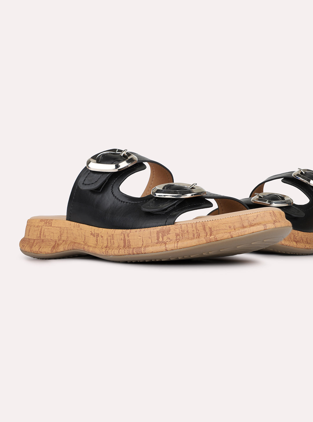 Womens Black Casual Solid Pattern Open Toe Flat Slip-Ons