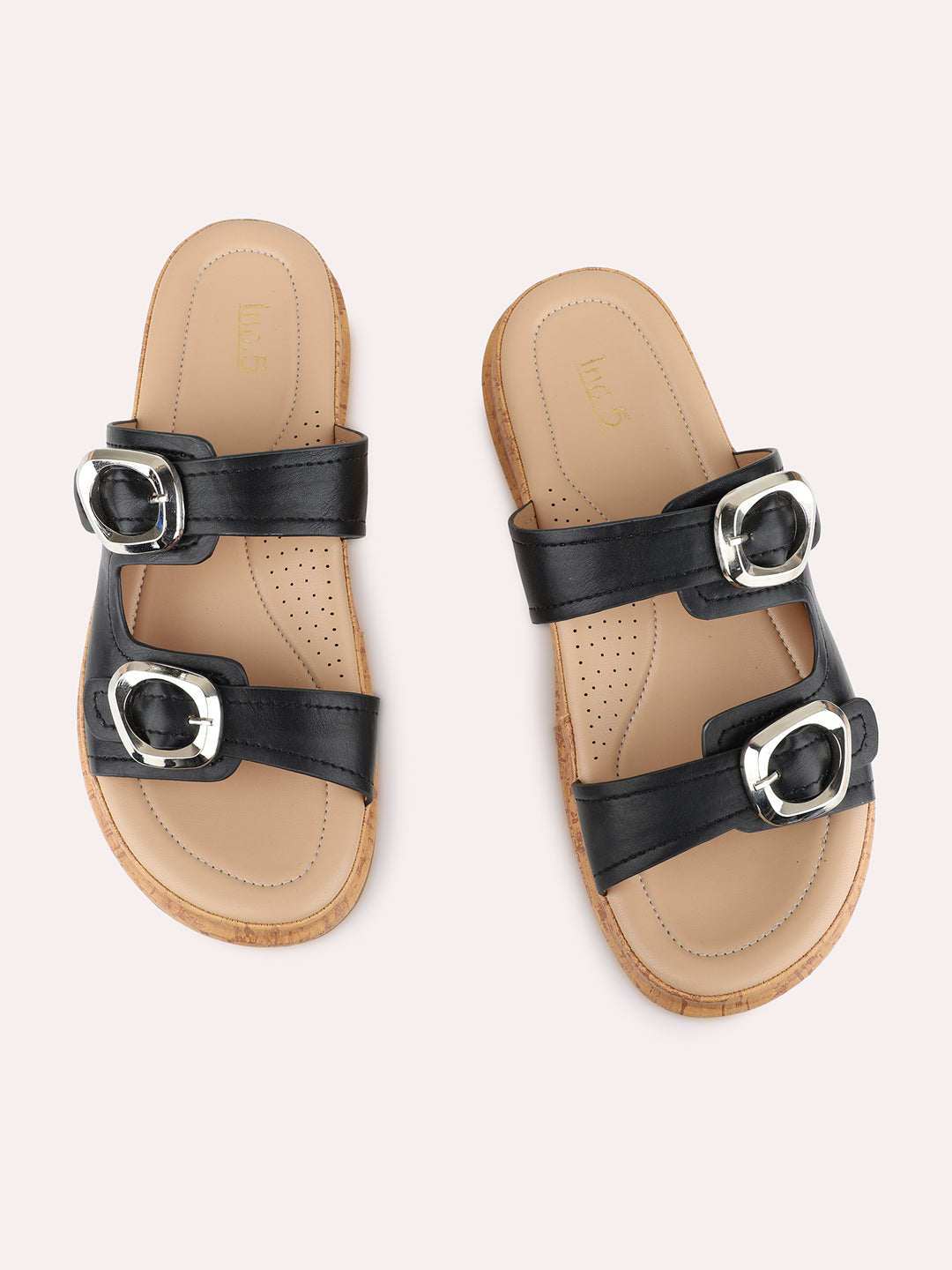 Womens Black Casual Solid Pattern Open Toe Flat Slip-Ons