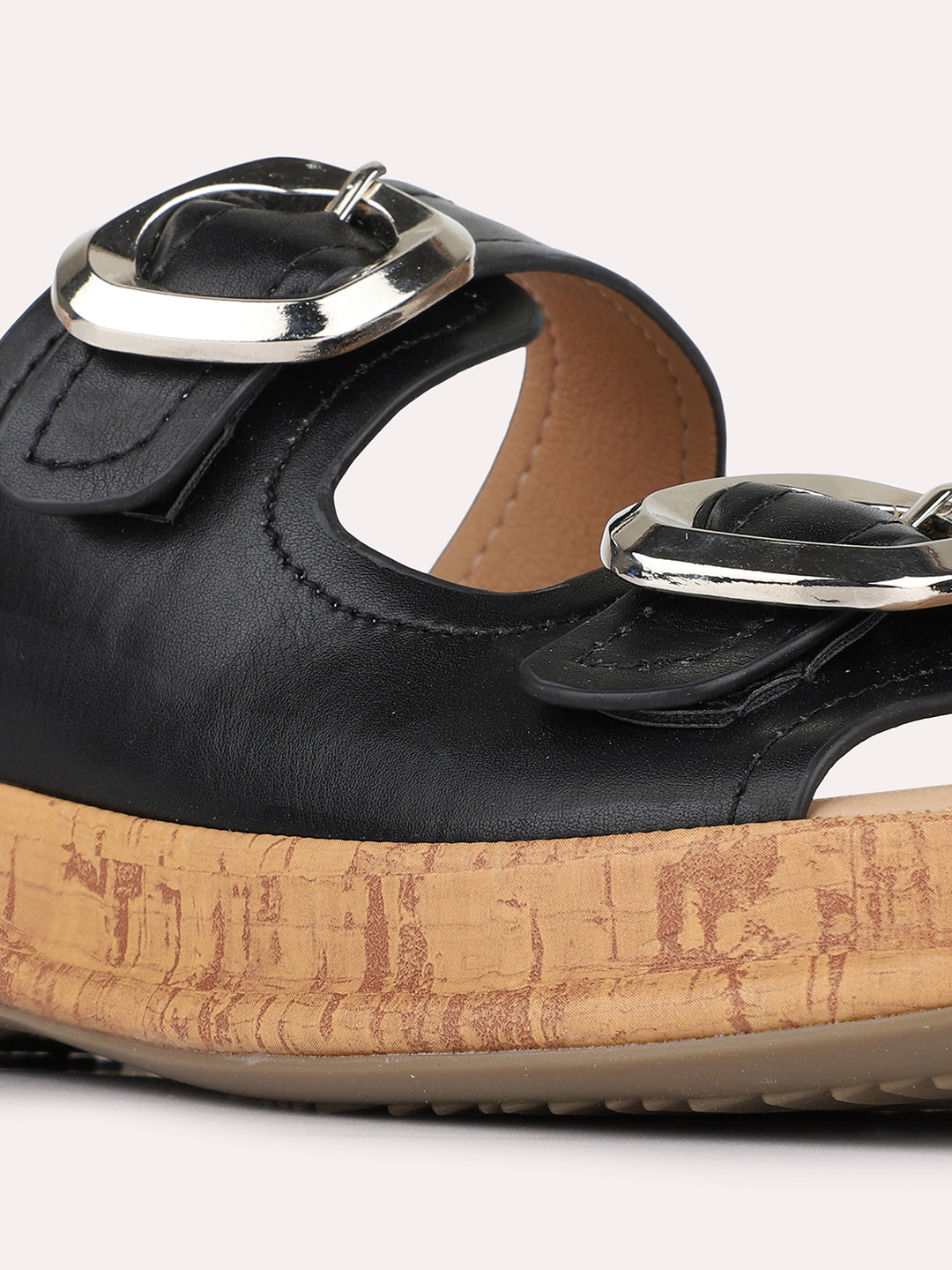 Womens Black Casual Solid Pattern Open Toe Flat Slip-Ons
