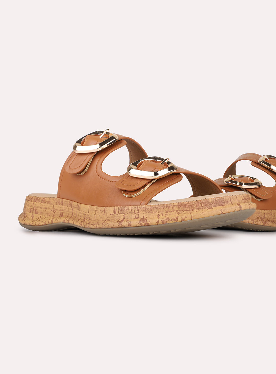 Womens Tan Solid Pattern Casual Open Toe Slip-On Flats