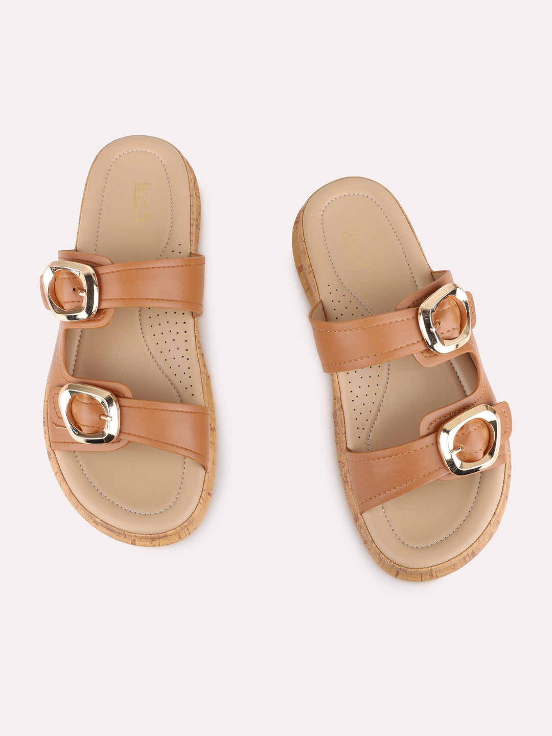 Womens Tan Solid Pattern Casual Open Toe Slip-On Flats