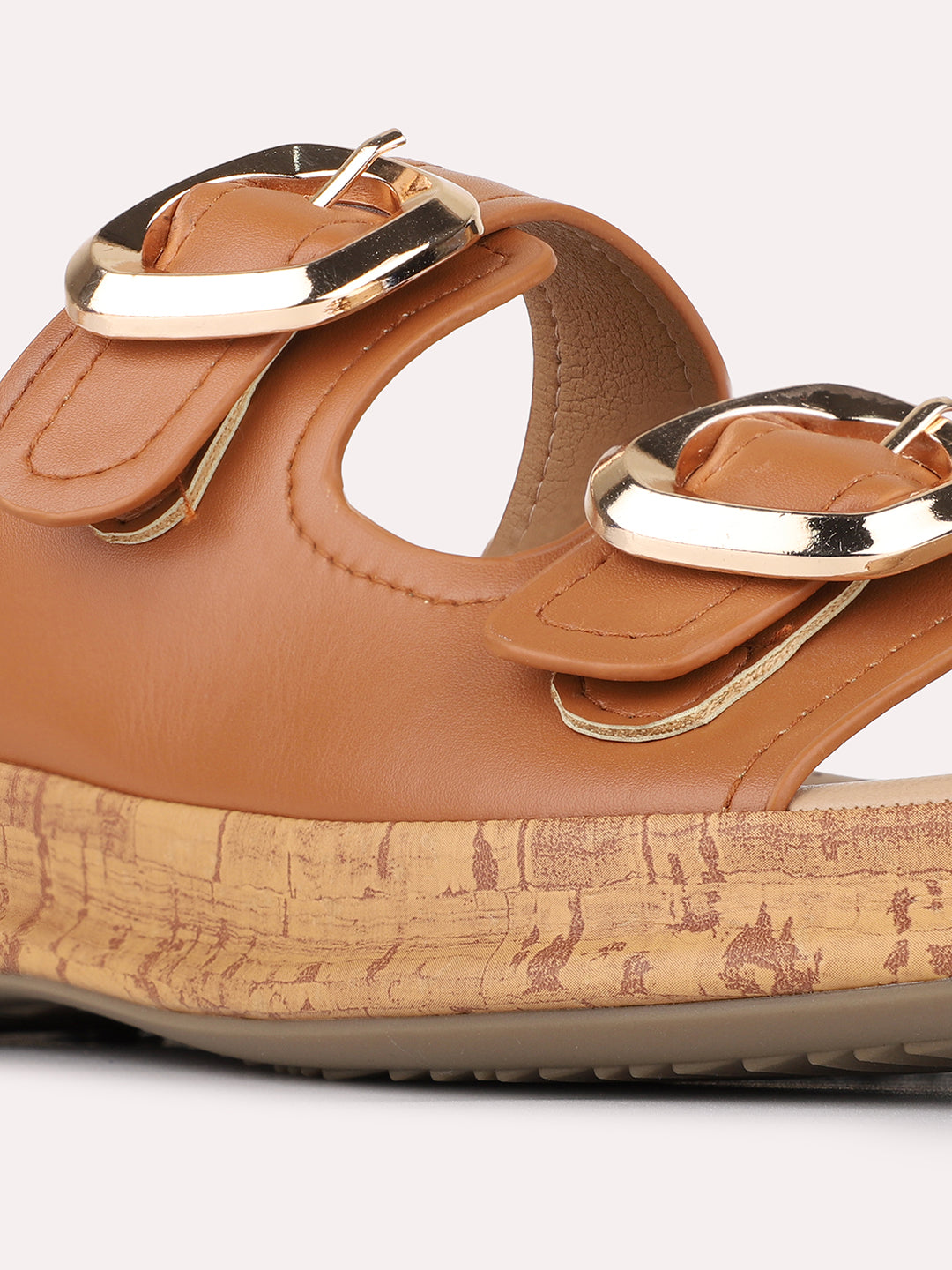 Womens Tan Solid Pattern Casual Open Toe Slip-On Flats