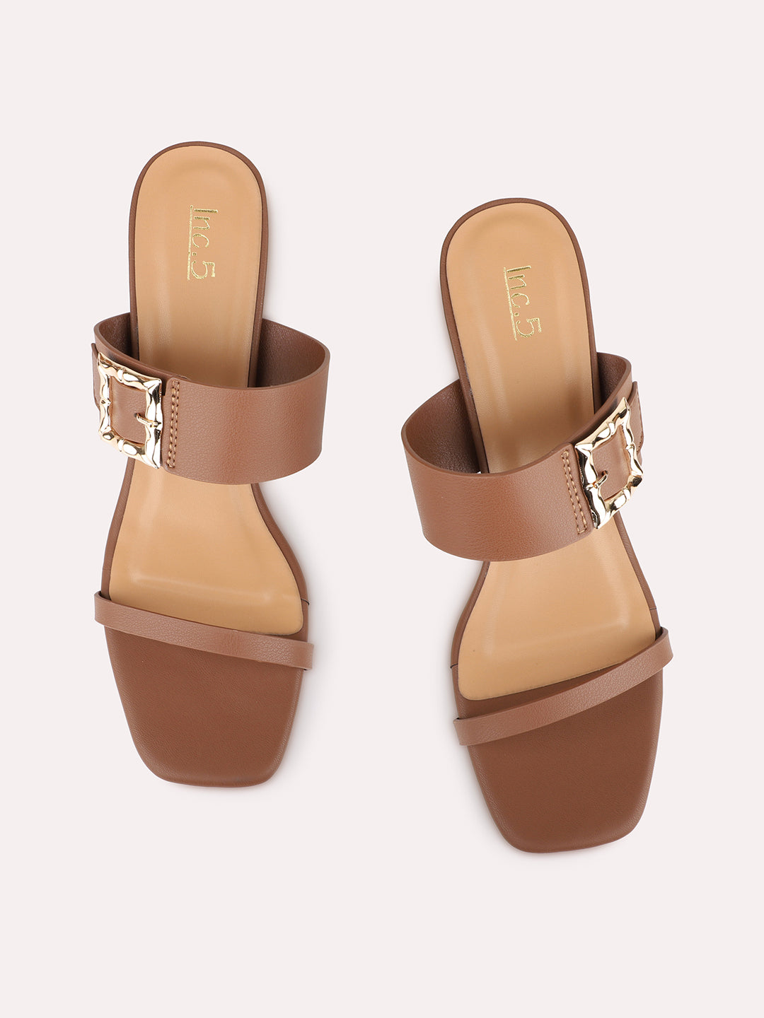 Womens Tan Party Wear Embroidered Square Toe Block Heels