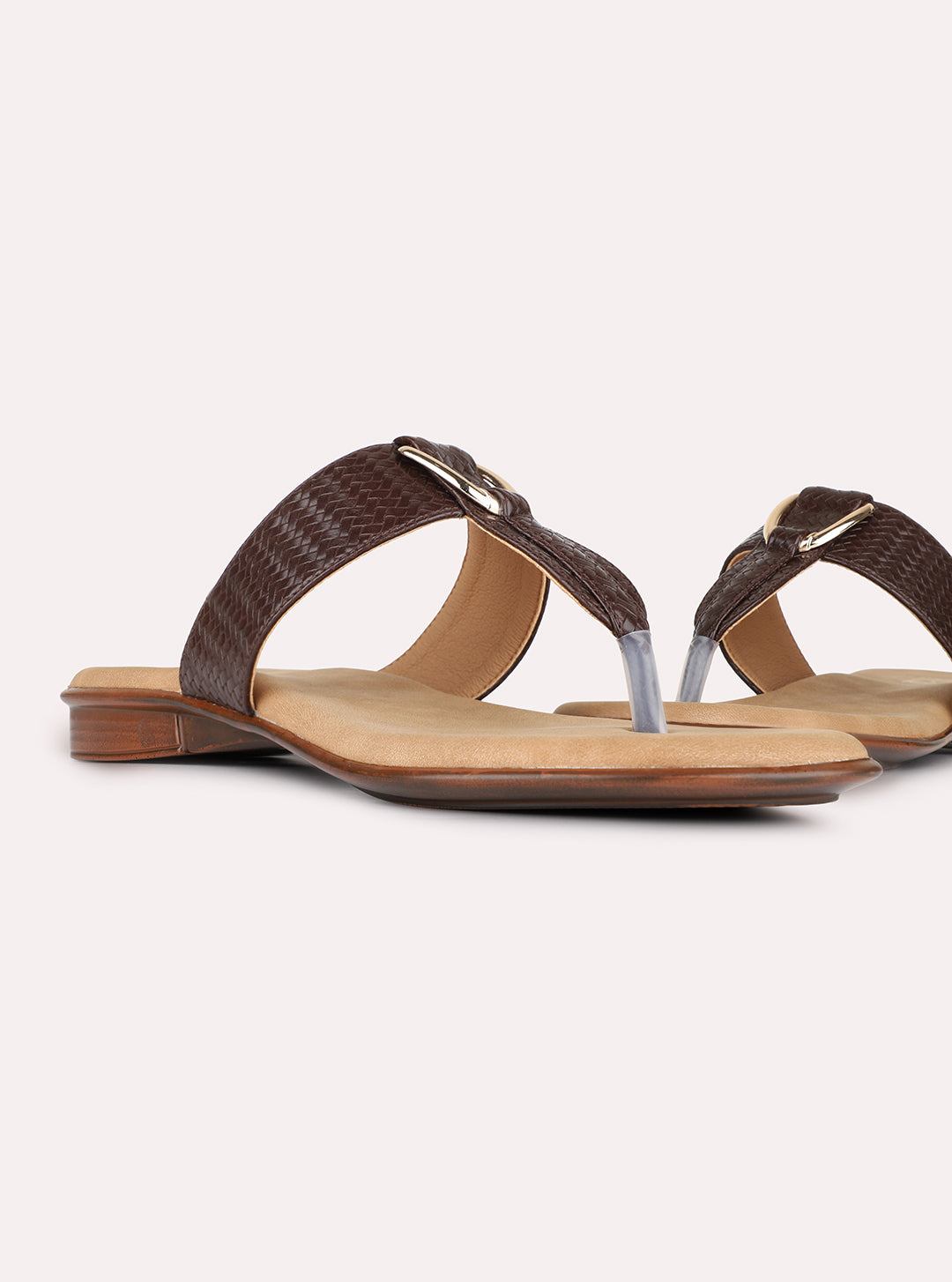 Womens Brown Casual Solid T-Strap Slip-On Flats