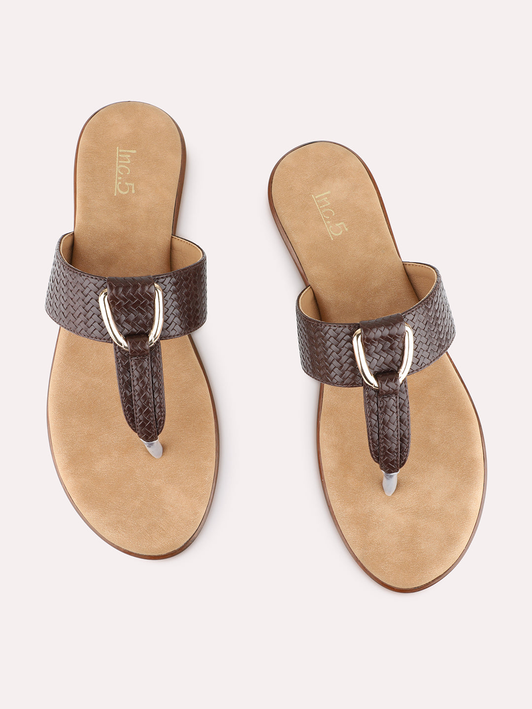 Womens Brown Casual Solid T-Strap Slip-On Flats