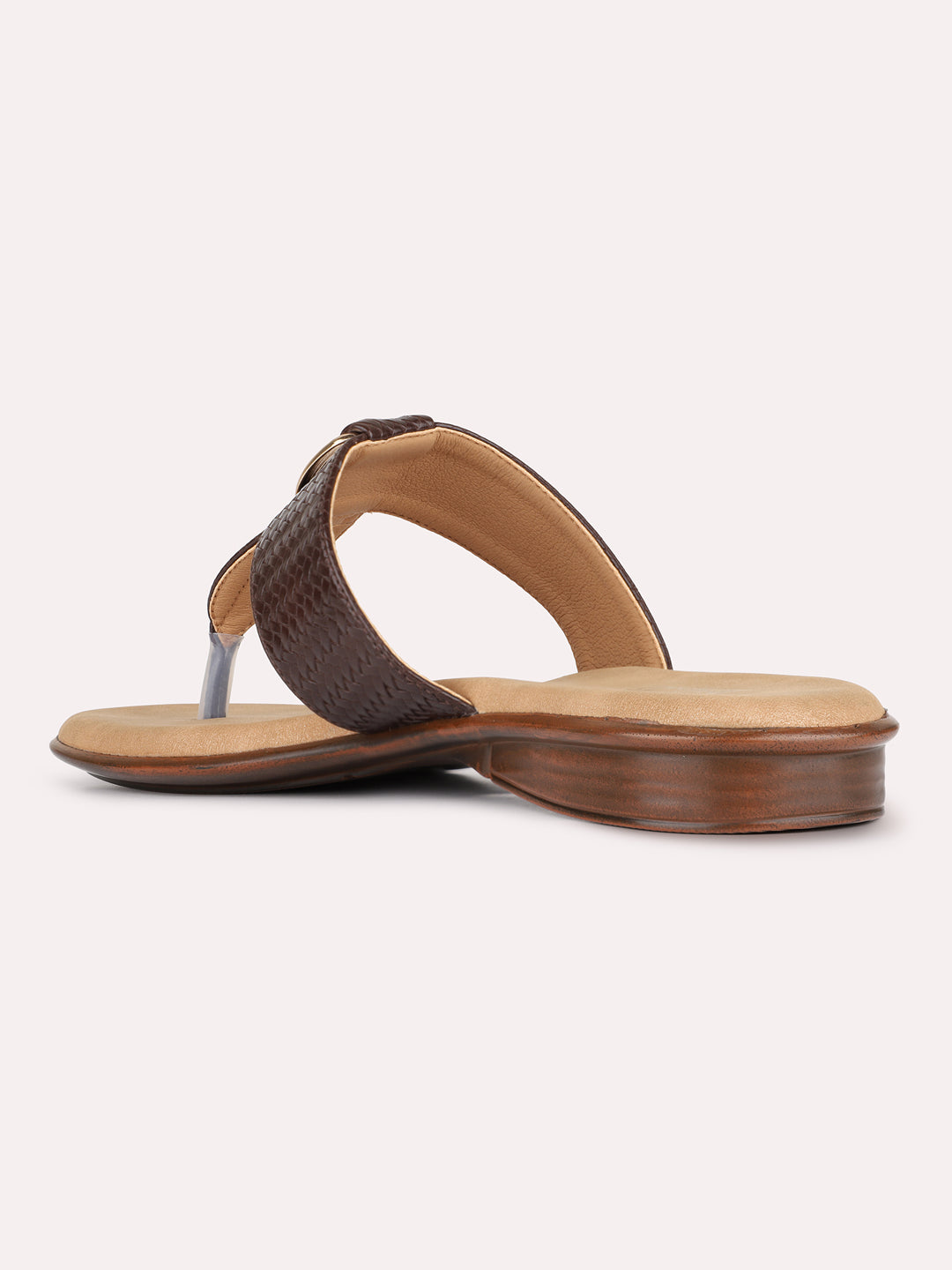 Womens Brown Casual Solid T-Strap Slip-On Flats