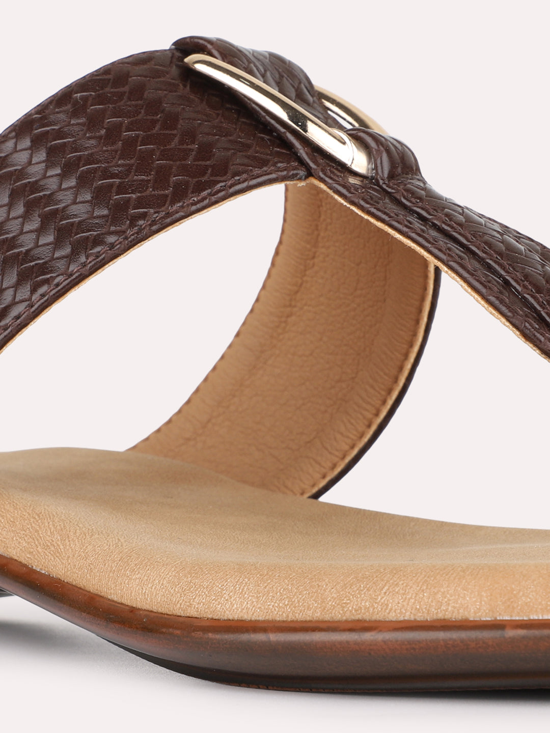Womens Brown Casual Solid T-Strap Slip-On Flats