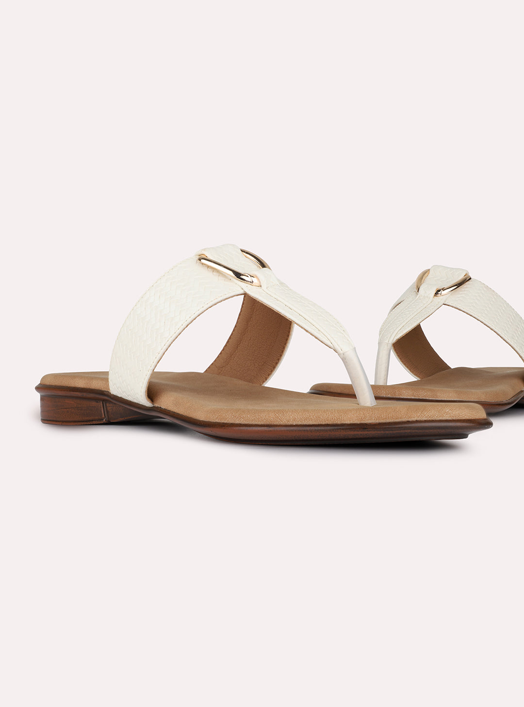 Womens Cream Casual Solid T-Strap Slip-On Flats