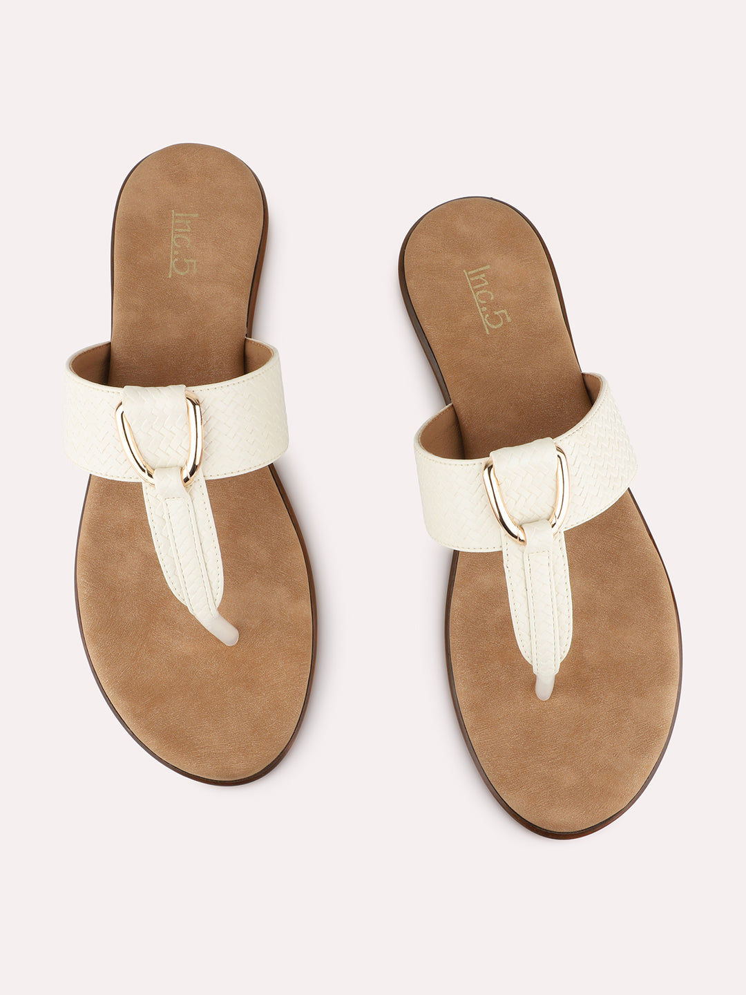 Womens Cream Casual Solid T-Strap Slip-On Flats