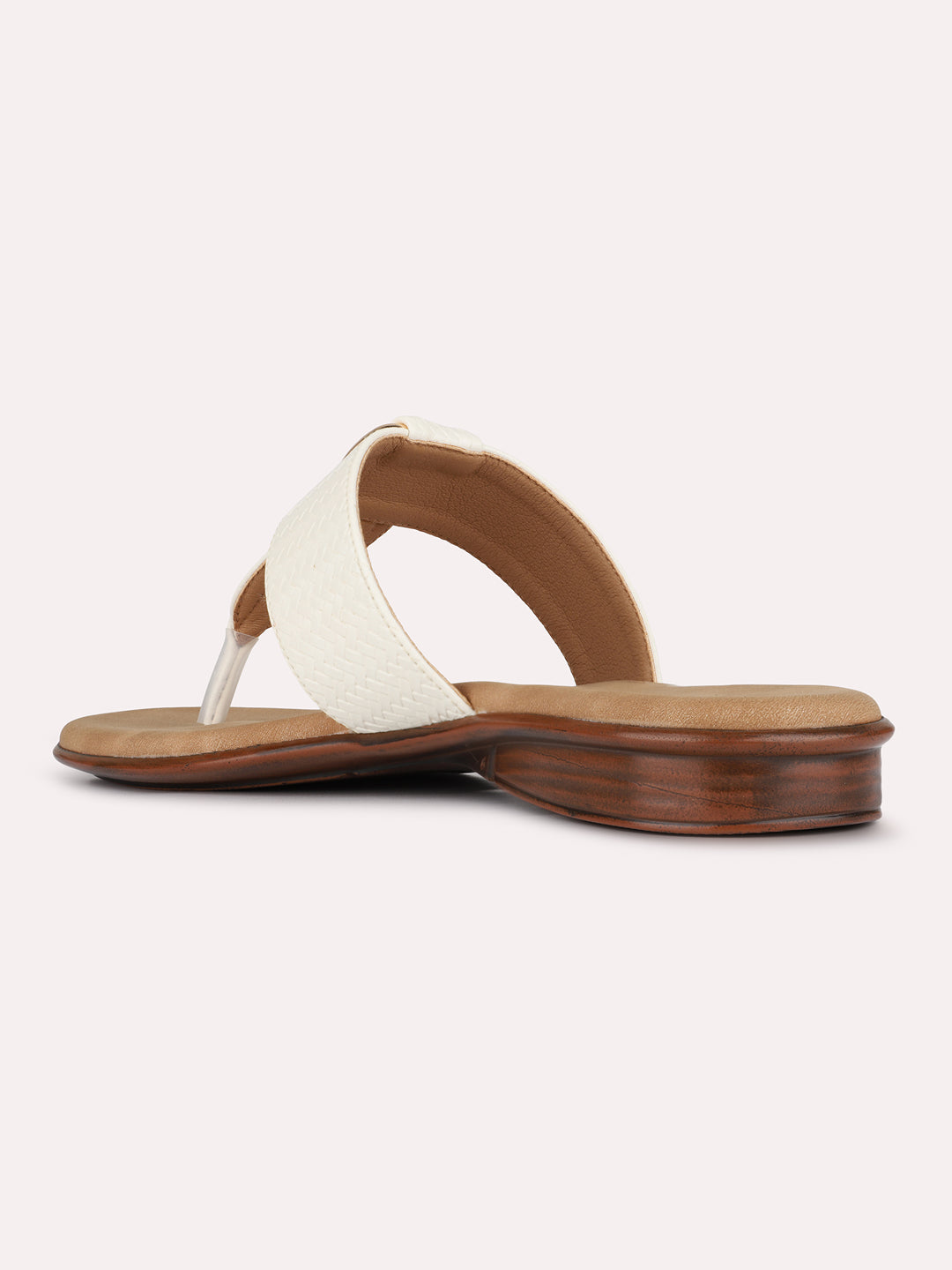 Womens Cream Casual Solid T-Strap Slip-On Flats