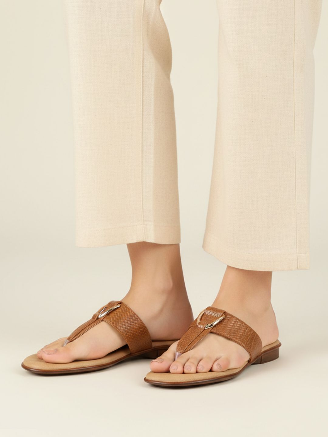 Womens Tan Casual Solid T-Strap Slip-On Flats