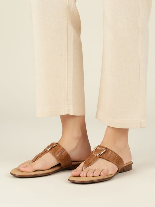 Womens Tan Casual Solid T-Strap Slip-On Flats