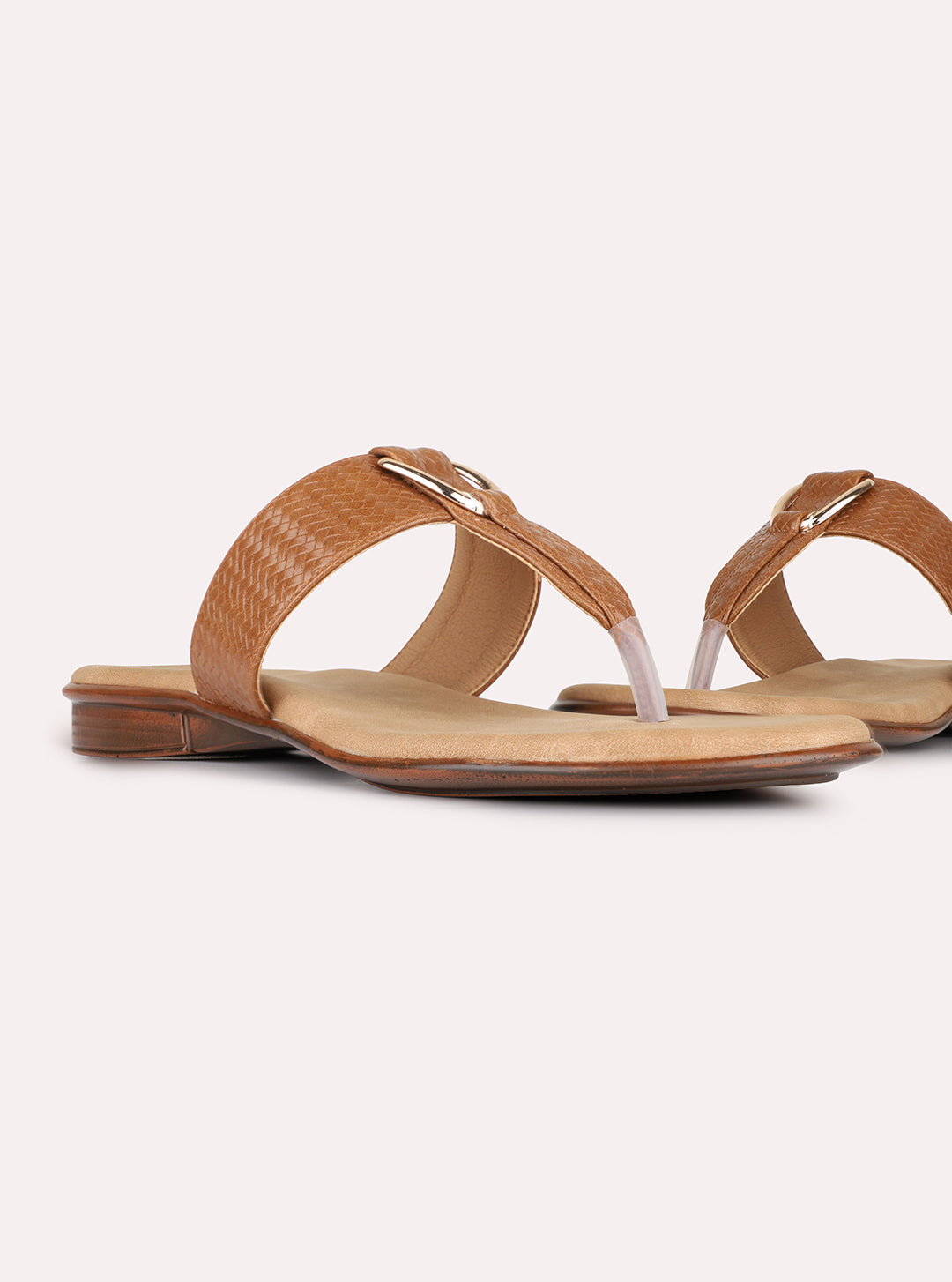 Womens Tan Casual Solid T-Strap Slip-On Flats