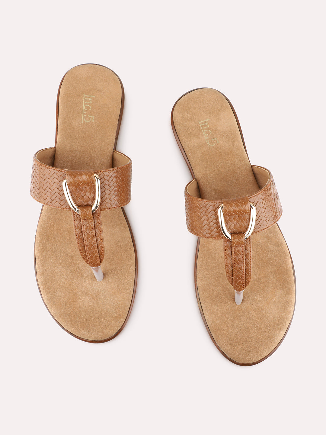 Womens Tan Casual Solid T-Strap Slip-On Flats