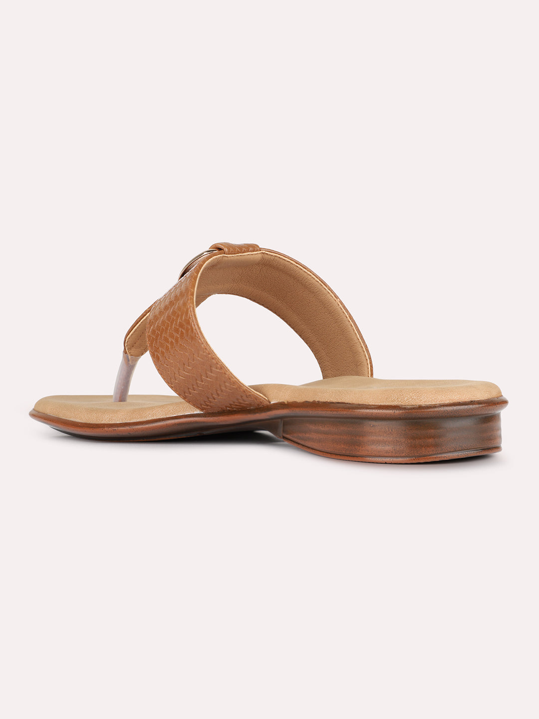 Womens Tan Casual Solid T-Strap Slip-On Flats